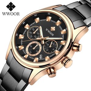 Wwoor Men Sport Quartz Armbandsur Mens Vattentät Lysande Kronograf Företag Rostfritt Stål Kvarts Klocka Män med Box Pack 210527