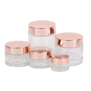 Recipiente cosmético de frasco de vidro transparente fosco com tampa de ouro rosa 5g 10g 15g 20g 30g 50g 100g Frascos de embalagem