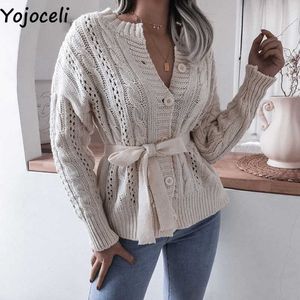 Yojoceli sexiga sashes knapp stickade kvinnor cardigan casual cool höst tröja ytterkläder våren ihålig ut jersey 210609