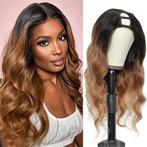 U Part Human Hair Wig Ombre Body Wave 1B/30 Colored Brown Wigs 10A Brazilian Remy Glueless for Black Women 2x4 U Shape Clip in Half 150% Density