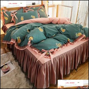 Zestawy pościeli Materiały Tekstylia Home Tekstylia Garden Sosna Set Fl Królowa King Bedspread Princess Duvet Er Poszewka Girls Lace Bed Spódnica Prestiżowy Bedcl