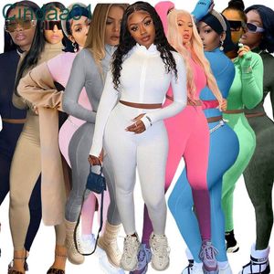 Mulheres Tracksuits Dois Pedaço Definir Designer Slim Sexy Cor Sólida Alta Collar Bordado Letra Zíper Top Leggings Outfits Roupas Casuais