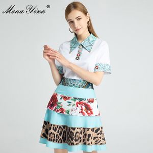 Fashion Designer Set Summer Women's Short sleeve Blouses Tops+Indie Folk Rose Leopard Print Skirt Two-piece set 210524