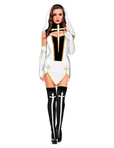 Sexig Nun kostym Vuxen Kvinnor Religiös syster Cosplay Klänning med Hood + Strumpor + Handskar För Halloween Party Fancy Y0913