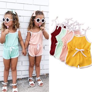 Retail wholesale girl Candy Bow Strap jumpsuits skinny girls kids cotton one-piece onesies Jumpsuit 4 colors children design clothes