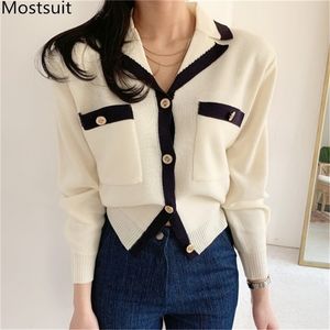 Höst Koreanska Vintage Eleganta Kvinnor Cardigans Långärmad Turn-Down Collar Fickor Tröjor Toppar Mode Ladies 210513