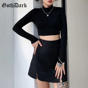 Goth Dark Gothic Two Pieces Sets Skinny Black Turtleneck Long Sleeve Women Crop Tops T-shirts With Plaid Camisole Streetwear Y0629