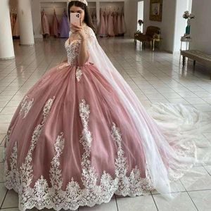 Pink Quinceanera Kleider mit Cape-Kleid-Kleid Schatz Spitze Perlenparty Prinzessin süß 16 Kleid Tüll Schnürung Rückenfrei