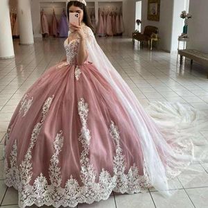 Pembe Quinceanera Cape Balypeart ile Elbiseler Tatlım Dantel Boncuk Partisi Prenses Tatlı 16 Elbise Tül Dantel Up Solless