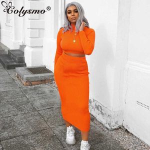 Colyso Neon Ribbed Knitted Sexy 2 Piece Set Mulheres Turtleneck Manga Longa Colheita Top Midi Saia Clube Outfits Festival Roupas 210527