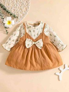 Baby Floral Print Flounce Sleeve Bow 2 i 1 klänning hon