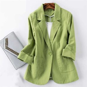 綿とリネンの小さなスーツの女性のジャケット秋の春の夏のファッションスリムスリムトリミングスリーブショートシャツグリーン211122