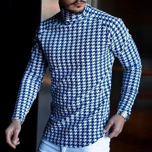 Casual Men Turtleneck T-shirt Autumn Spring News 2021 Houndstooth Print Men's Long Sleeve T Shirts Man Basic Pullover Tops Male Y0322