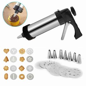 Rostfritt stål Cookie Press Gun Kit för DIY Biscuit Cookie Making och Cake Icing Decorating 211110