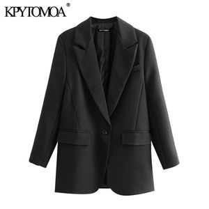 KPYTOMOA Kadınlar Moda Ofis Giyim Tek Düğme Blazer Ceket Vintage Uzun Kollu Cepler Kadın Giyim Şık 211006 Tops