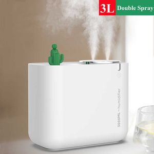 3000ml USB Air Luftfuktare Stor kapacitet Dubbelmunstycke Ultraljud Cool Humidificador Aroma Diffuser för Home Mist Maker Fogger 210724