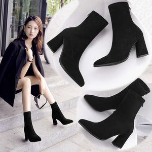 Autumn Martin Boots Women's High Heels Thick Pointed Frosted Suede Short Back Zipper Middle Tube