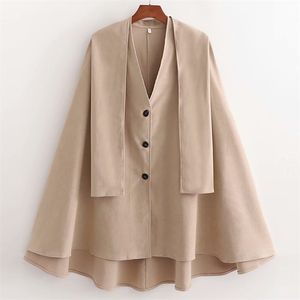 Women Autumn Fashion Cloak Coats Loose Long Sleeve V-Neck Buttons Streetwear Female Outerwear Plus Size Clothes XD3223 210513