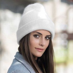 Kış Şapkalar Kadınlar Için Bere Tavşan Kürk Kadın Beanies Bayanlar Örme Kaşmir Sonbahar Katı Bonnet 211228