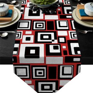 ウェディングパーティーのためのテーブルランナーパッチワークの幾何学的スプライス赤の黒のモダンなランナーの布のダイニングの装飾ホームオフィス210708