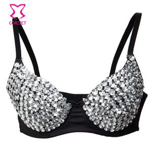 Nachtclub Dance Party Tragen Silber Diamant Kristall Edelstein Perlen Soutien Schlucht Sexy Bh Push-Up Bralette Top Encaje Büstenhalter Femme x0726