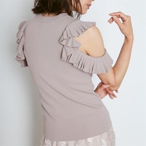 Sexy Schulter trägerlose Rüschen Plissee Pullover Japan Stil Elegante solide Strick Frau T-Shirts Sommer All-Mathe Tops 210806