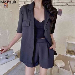 S-3xl Plus Size Korean Fashion Two Piece Blazer Suits Sets Women Single-breasted + Shorts Outfits Summer Casual 210518