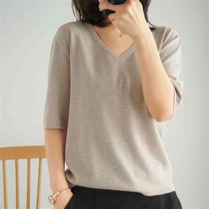 V 넥 반팔 스웨터 바닥 셔츠 여성 티셔츠 느슨한 얇은 솔리드 컬러 풀오버 봄 여름 210623