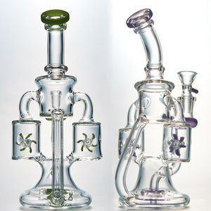 Narghilè unici Bong in vetro verde viola Doppio riciclatore Tubi dell'acqua Elica Spinning Percolater Perc Oil Rigs 14mm Joint Dab Rig