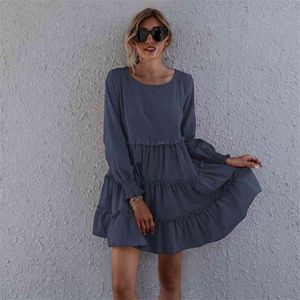 Women Cupcake Dress Elegant Fashion Full Length Regular Sleeve Round Neck Solid Color Draped High Waist 210522