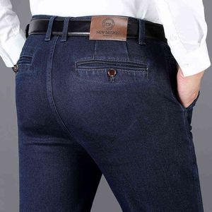 Autumn and Winter Classic Men's High Waist Business Jeans Dark Blue Straight Elasticity Denim Trousers Male Brand Thick Pants G0104