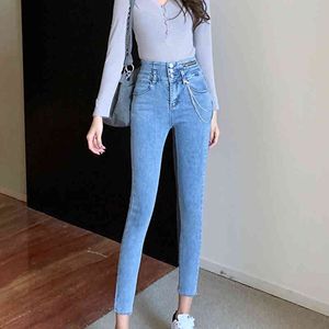 Lucyever Spring Slim High Whi社のジーンズ女性の足首長さのメタルチェーンブルーデニムパンツ女性マッチ - オールアウトウェアジーンズ210521