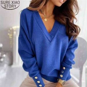 Spring Long Sleeve Knitted Sweater Women V-neck Jumper Sweaters for Button Loose Office Lady Casual Pullover 210914