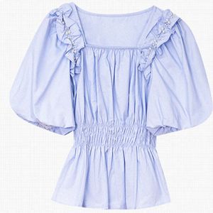 Moda de verão casual camisa de cor sólida quadrado colarinho pérola cintura blusa azul de manga curta mulheres blusas w1052 210510