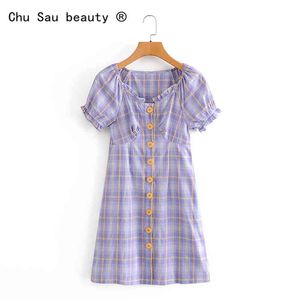 Women Summer Vintage Dress Sweet Fresh Slim Puff Sleeve Purple Plaid Single Breasted Mini Female Vestido Mujer 210514