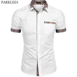 メンズ格子縞のチェックパッチワークシャツ半袖スリムフィットドレスシャツの男性コットンビジネスカジュアルボタンアップブラウスの化学ホム210522