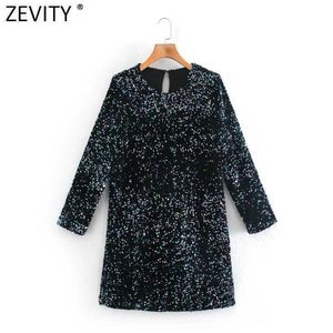 Zevity Women High Street O Neck Sequin Mini Dress Femme Chic Casual Slim Vestido Ladies Streetwear Party Kläder DS4898 210603
