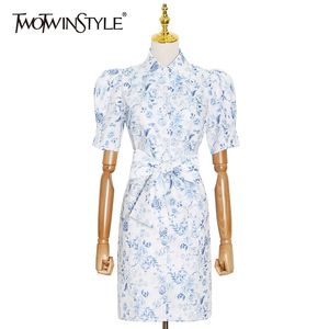 Elegant Hit Color Lace Up Bowknot Dress For Women Lapel Short Sleeve High Waist Print Dresses Female Fashion 210520