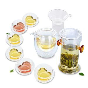 1x Kung fu Coffee Set - Glass Red Ear Handles Pot +Strainer+ Tea Pitcher Chahai +6 Heart-shaped Double Wall Layer Cups
