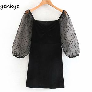 Vintage Black Velvet Dress Kvinnor Sexig semi-ren Dotted Sleeve V Neck Bodycon Mini XNGC9617 210514