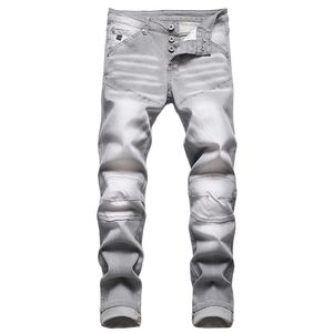 Grå Mäns Motobiker Jeans Vår Höst Stitching Stretch Cowboy Pants European och American Style Slim Fit Trousers