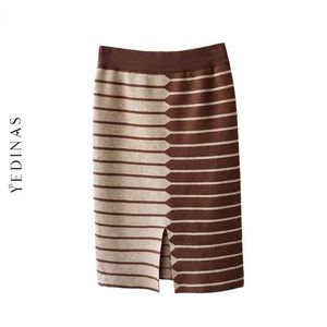 Yedinas Casual Women Skirt Bodycon Striped Patchwork Sticka Midi Slim Pencil High Waist Winter Korean Fashion 210527