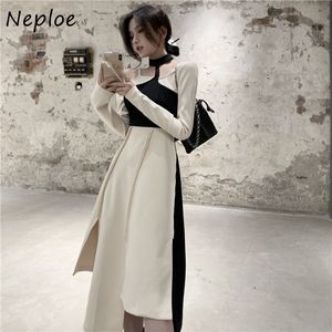 Neploe koreanska oregelbundet design temperament klänning kvinnor hög midja höft en linje slim vestidos vår ny långärmad mantel 210423