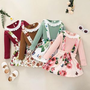 Miúdos Conjuntos de Roupas de Meninas Pôsteres de Impressão Crianças Lace Tops + Floral Strap Vestido 2 Pçs / Set Primavera Outono Boutique Moda Baby Roupas