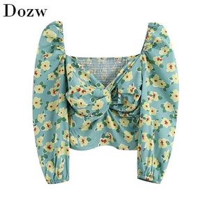 Puff Long Sleeve Floral Blouse Women Sexy Backless Short Shirt Female Bow Tie Holiday Beach Ladies Tops Bluzki Damskie 210515