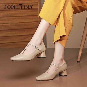 SOPHITINA T-Strap Pumps Lady Retro TPR Non-slip Spring Female Shoes Handmade Square Toe Cow Leather Thick Heel Women Shoes AO63 210513