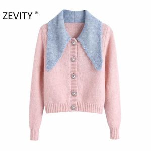 Zevity Women Fashion Color Matching Blue Collar Patchwork Pink Knitting Sweater Femme Chic Diamond Button Cardigan Tops S430 210603