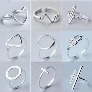 Anéis geométricos de cor de prata de jóias minimalistas para mulheres ajustáveis ​​triângulo redondo coração pulseira anel de dedo baga femme