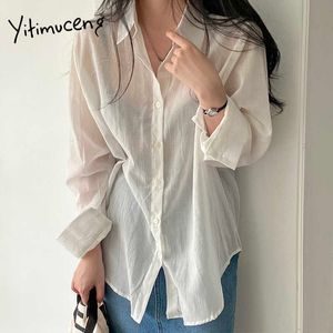 Yitimuceng Camisa Mulheres Oversize Casual Streetwear Tops Coreano Moda Reta Blusa Branco Azul Cinza Longa Manga Verão 210601