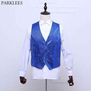 Royal Azul Lantejoula Glitter Embelezado Colete Homens Noivo De Casamento Slim Fit Paillette Coletes Mens Clube Dança Estágio Prom Trajes 210522